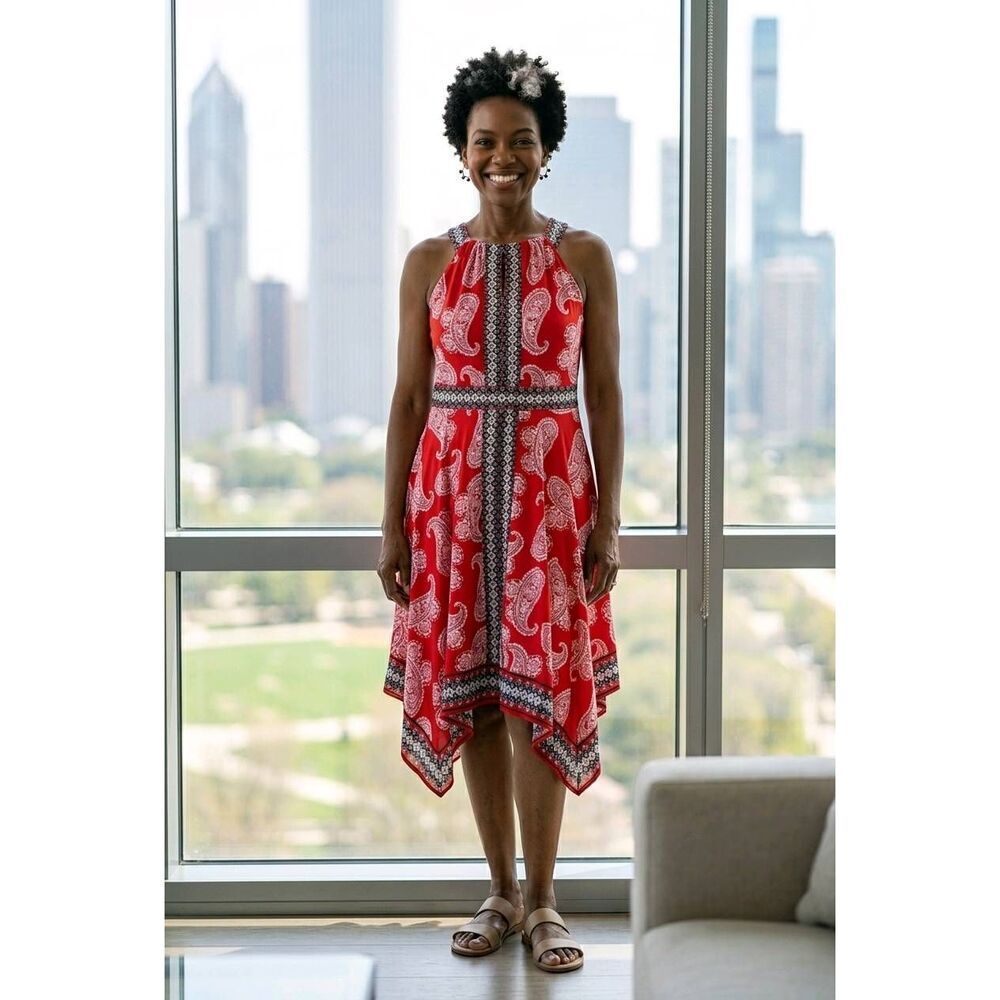 🔹️NWT New York & Co Red Handkerchief Asymmetric Halter Dress XLarge